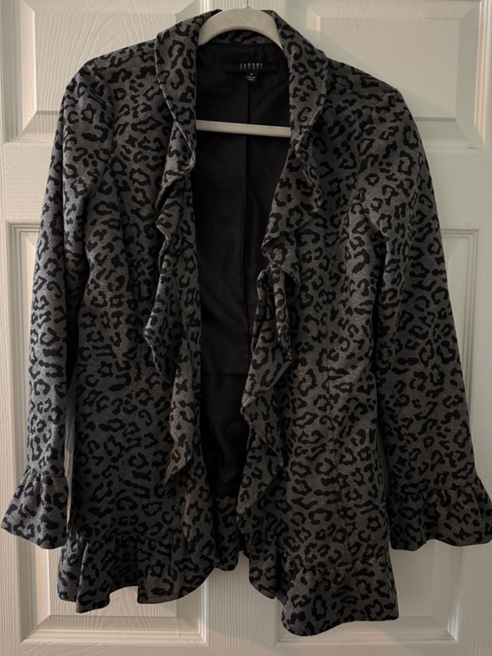 Sandro Gray and Black Leopard Print Ruffle Jacket
